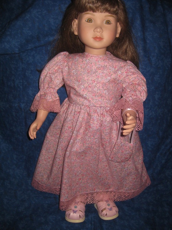 Pink Roses Print Dress-Fits 23" My Twinn  Doll- Pink Lace Trim & Purse
