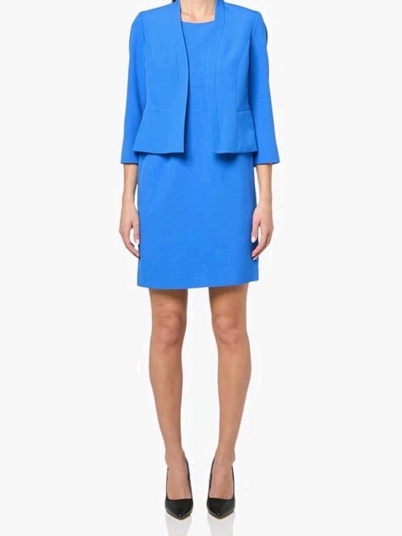 Le Suit Dress Suit Open Front Jacket & Sheath Dress Suit Size 2P Cornflower Blue