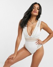 River island 796556 Elastic Plunge Swimsuit US Sz 8 - UK 12 White