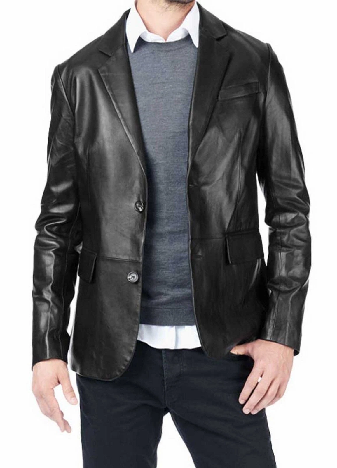 Leather Blazer Jacket Men's Coat Lambskin Soft Men Two Real Button 100% Black 76