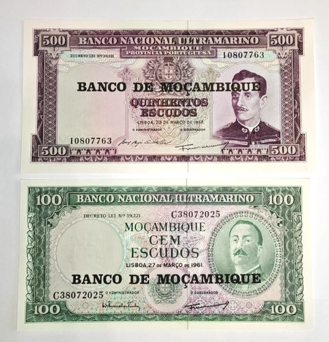 Banknotes Mocambique, 100 and 500 Escudos, 1961/1967, UNC.