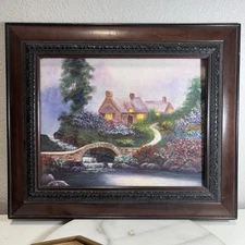 Original Oil Painting On Canvas Cottage Garden Bridge Signed 11”x14” Framed