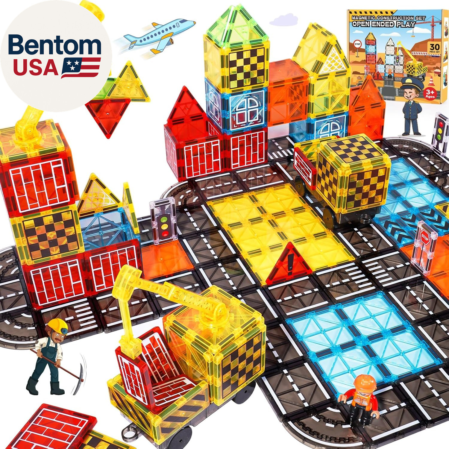 Magnetic Tiles Kids Construction Toys - Road Set with Magnet Crane for Boys Age