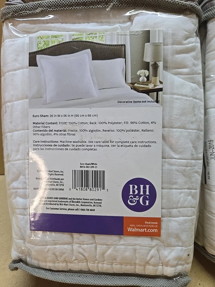 Better Homes & Gardens Euro Sham 100% Algodón Suave Frontal Blanco Cuadrado 26x26 Nuevo Foto 3 de 3