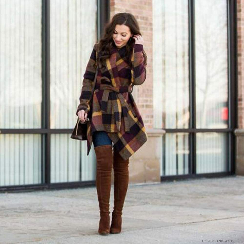 Turn Down Shawl Collar Earth Tone Check 