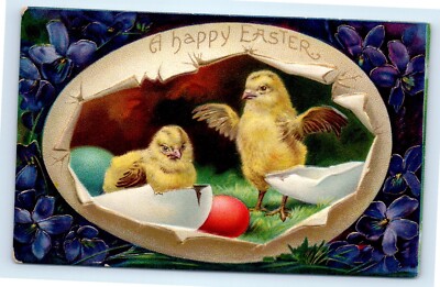 Vintage 1910 Embossed Glossy Easter Postcard with Hatched Chicks Series 1520