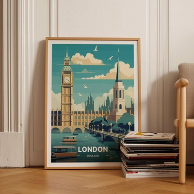 London Skyline Travel Poster Big Ben Wall Art Uk Cityscape Decor Travel Themed
