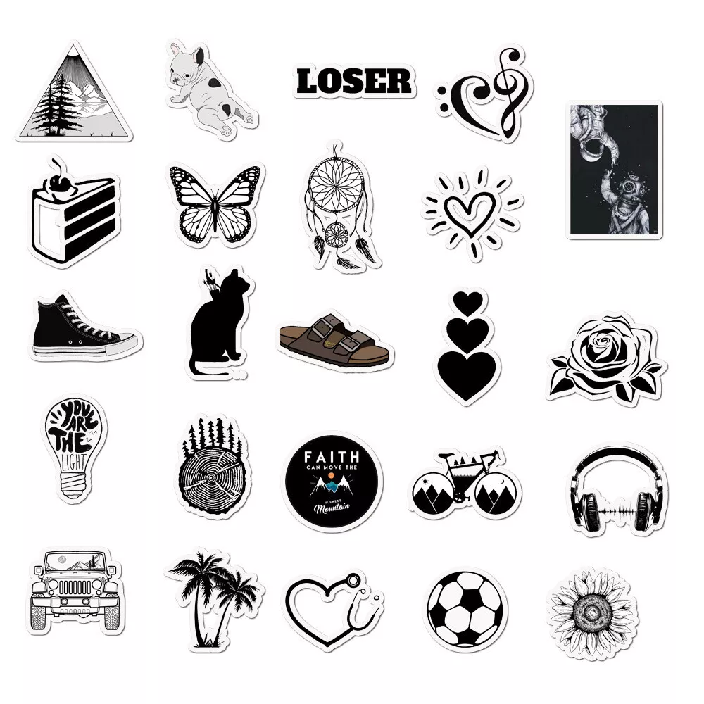 50pcs Cute black & white Sticker Pack For Water Bottle,Laptop