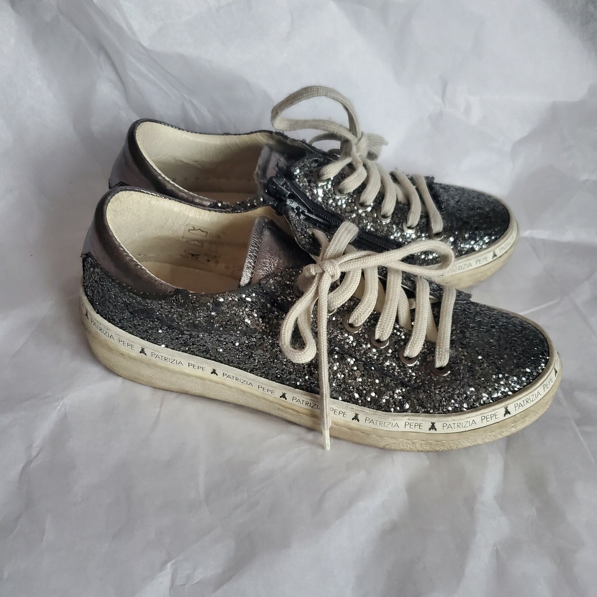 Patrizia Pepe Girl Dark Grey Glitter Sneakers Shoes Low-top Leather US EU  34