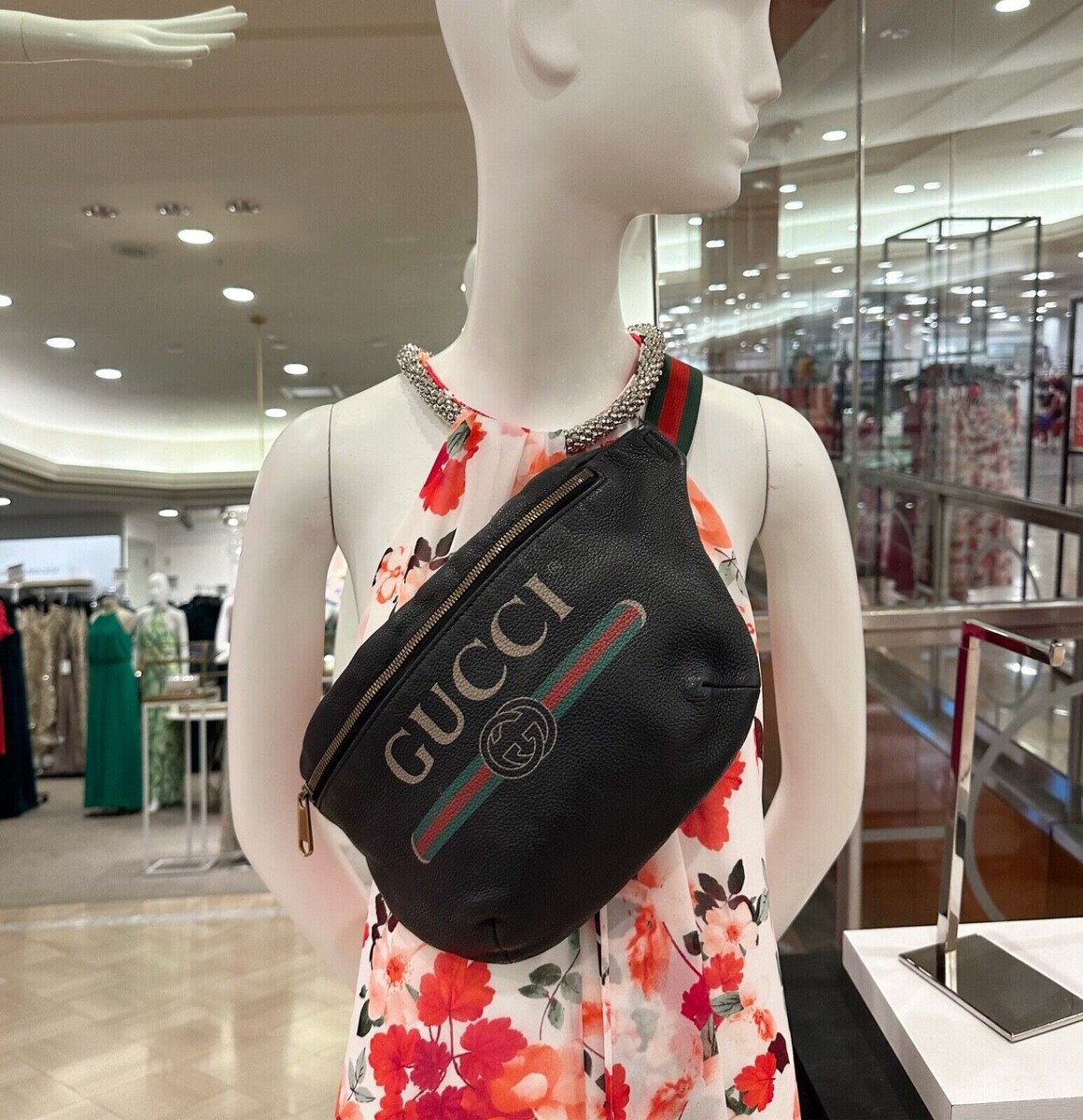 Extremely Rare XL Gucci Black Gucci Printed Bum Bag Crossbody Italian 