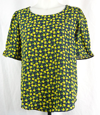 Lily White Navy Blue & Yellow Ditsy Floral Print S/S Poly Chiffon Blouse Shirt M