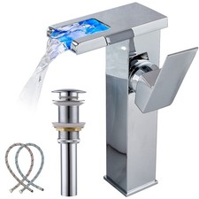 LED Waterfall Bathroom Vessel Sink Faucet, Chrome, One Handle, Pop-Up Drain