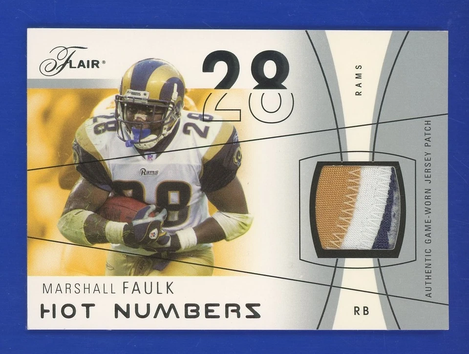 Marshall Faulk 2004 Flair Hot Numbers SILVER 3-color GAME-WORN PATCH - #d 32/75 - Image 2 of 3