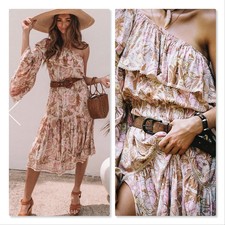 Spell & The Gypsy Dress Size S Jungle One Shoulder Boho Floral Midi Ruffle Pink