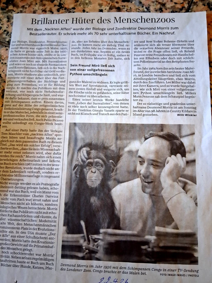 DESMOND MORRIS, BRITISCHER ZOOLOGE BESTSELLERAUTOR "NACKTE AFFEN", TOT v. '26 (Ó - Bild 1 von 1