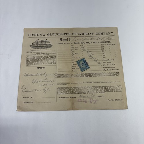 Boston & Gloucester Steamboat Company Freight Bill of Lading 1900