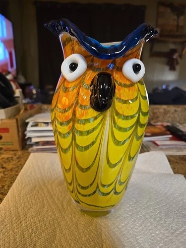 Murano Style Handblown Colorful Art Owl Pitcher New Perfect Condition 10 " Tall.