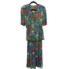 Carole Little Vintage 90s 2pc Bright Floral Rayon Gauze Skirt Set Made USA Sz 4