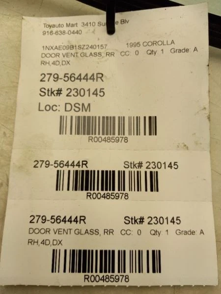 93-97 TOYOTA COROLLA LADO PASAJERO PUERTA TRASERA VENTILACIÓN CRISTAL Foto 4 de 4