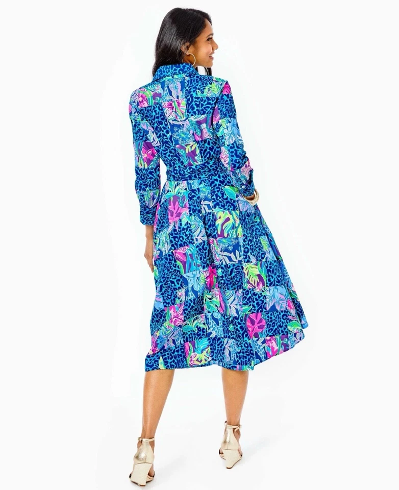 $448 Lilly Pulitzer MIRA MIDI 衬衫连衣裙多弹出 Lillys 派对布贴 16 码 — 第 2/4 张图片