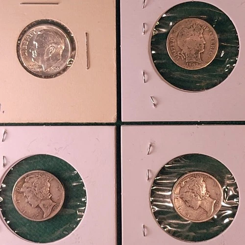 LOT OF 4 VINTAGE US DIMES 1902 BARBER + 1927 & 1939 MERCURY + 1953 ROOSEVELT BU