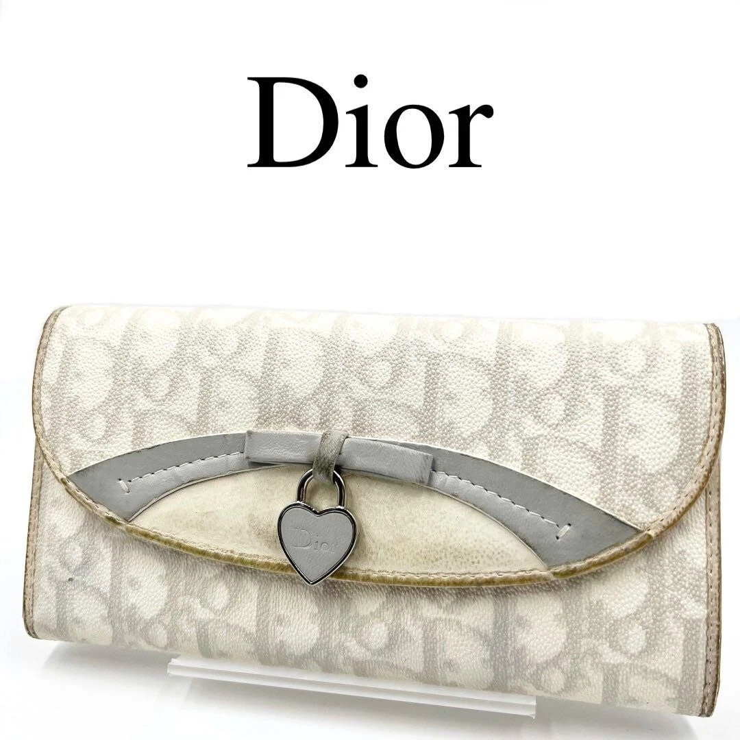 Christian Dior Portefeuille Long Trotteur Ruban Coeur PVC Blanc Beige Élégant 202502M