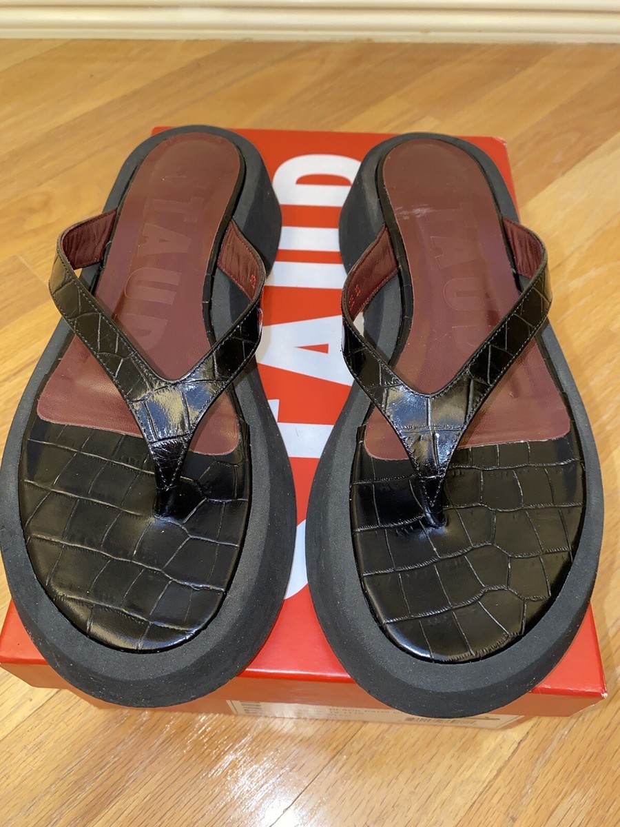 STAUD Tessa Croc-Embossed Leather Platform Thong Sandals BLACK SZ