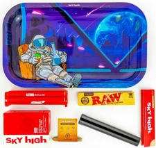 Metal Rolling Tray Astronaut Combo Bundle Kit RAW, SKY HIGH Gift Pack #16 King