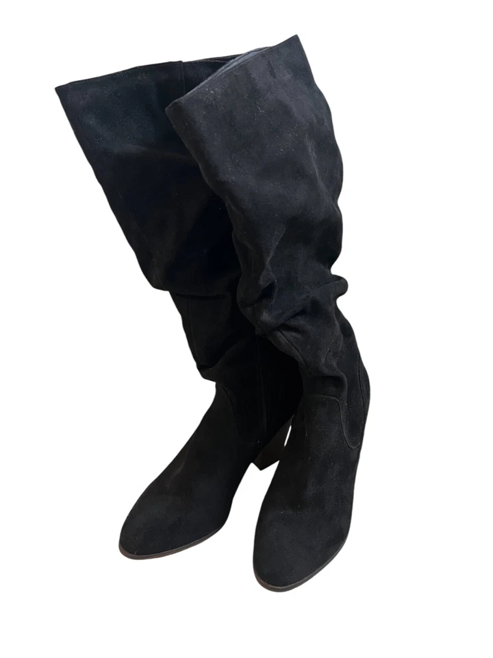 Merona Boots Women's Size 8.5 Black Faux Suede Tall Partial Zip Scrunchy Fashion - Image 2 of 4