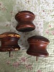 Salvaged Vtg Set Of Three Brown Solid Turn Wood Posts Navels Finials — photo 4