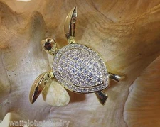 30MM YELLOW GOLD PLATED 925 SILVER HAWAIIAN HONU SEA TURTLE CZ SLIDE PENDANT
