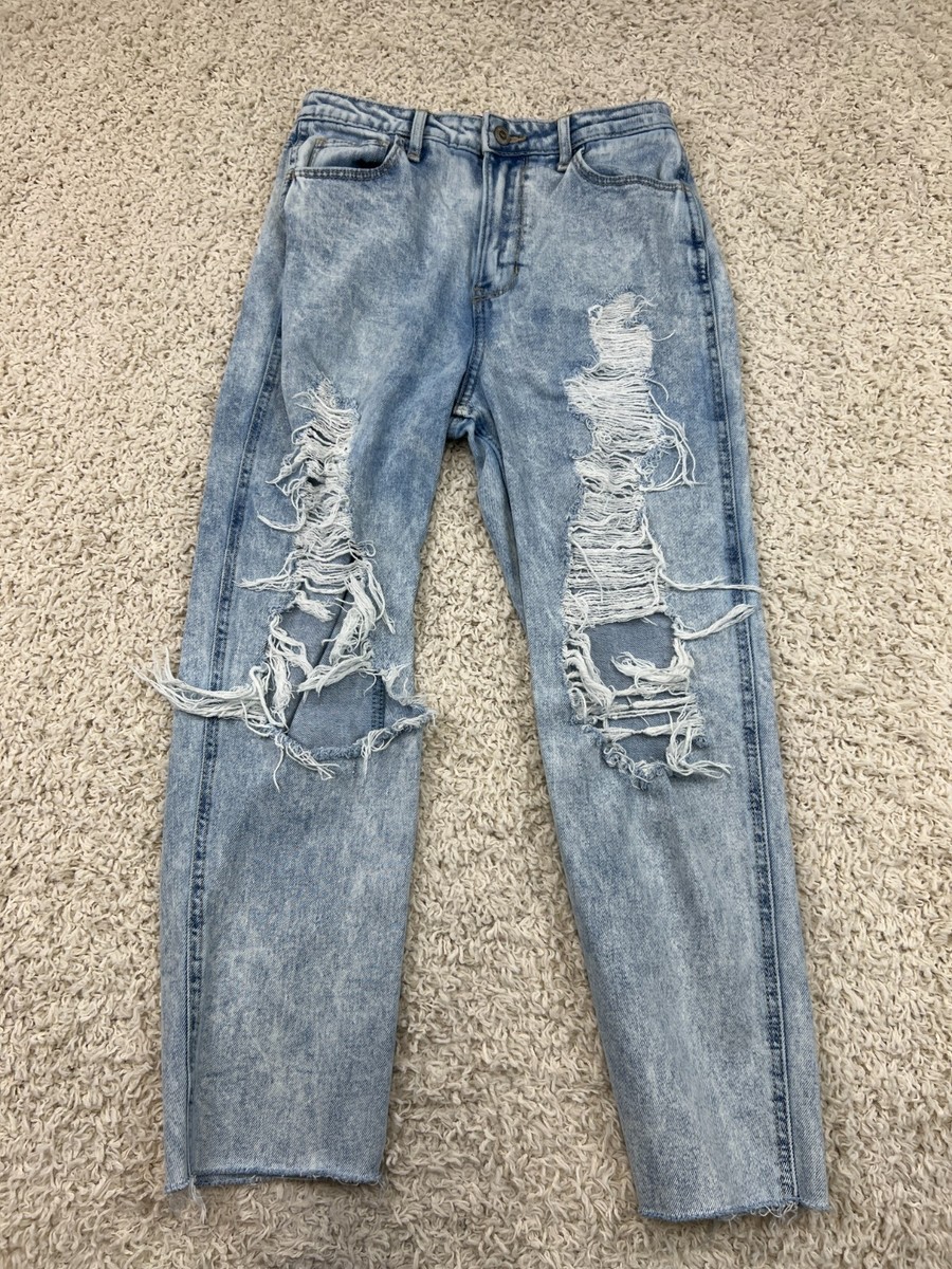 Hollister Jeans Womens 27 Blue Denim Light Wash Distressed Holes High Rise  Mom | eBay