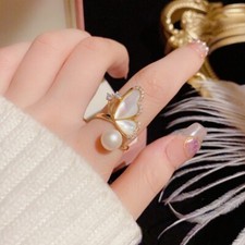 Fashion 14k gold Butterfly Mother of Pearl Adjustable Ring