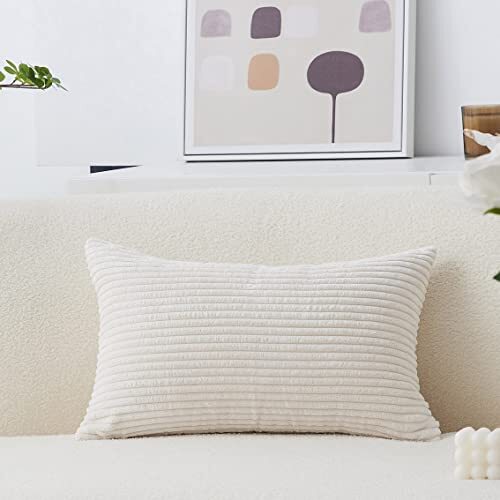 Rectangular 12x20 inch Velvet Corduroy Pillow Cover in Cream Cheese with Solid Striped Design-image