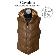 Cavalini Puffer Vest Womens M Brown Faux Leather Preppy Holiday Cozy Stylish Lux