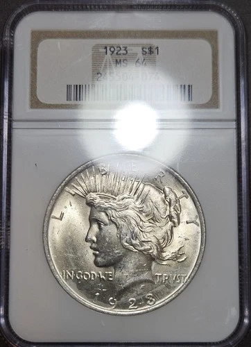 1923 Silver Peace Dollar $1 NGC MS64 - Older Holder In Excellent Shape