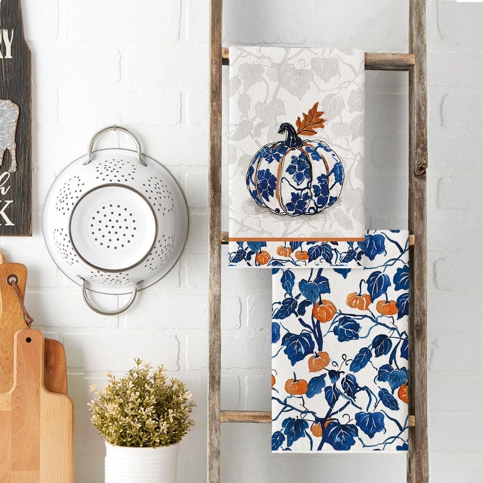 Blue Pumpkin Fall Kitchen Towels Dish Towels 18x26 Inch Autumn Floral Leaves - Image 3 of 4