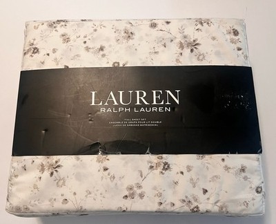 Ralph Lauren FULL Sheet Set Floral  Taupe Cottage White Cotton 4 Pc
