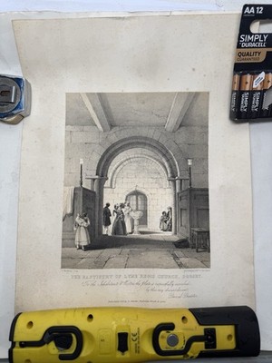 Antike Lithographie Baptisterium Lyme Regis Kirche Dorset Tag Haghe viktorianischer Druck