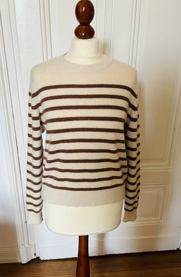 White+Warren NY Luxus Kaschmir Striped Crew Neck Pullover Saddle Brown S 470  