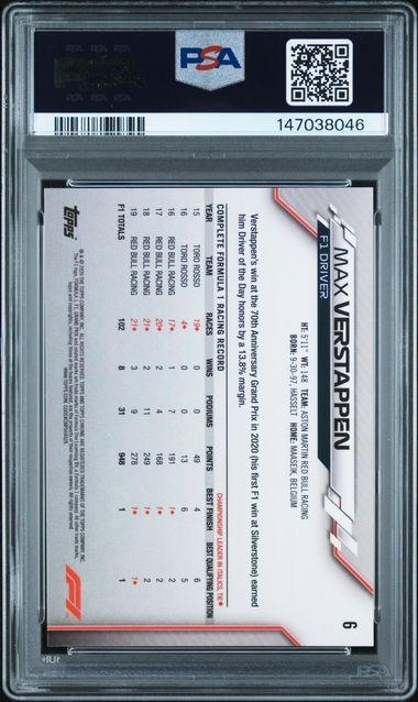 MAX VERSTAPPEN 2020 Topps Chrome F1 #6 PSA 10 GEM MT RC view 2