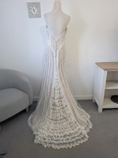 Art Couture Ivory Mocha Embroidery Lace Fitted Strapless Wedding Dress Train 10