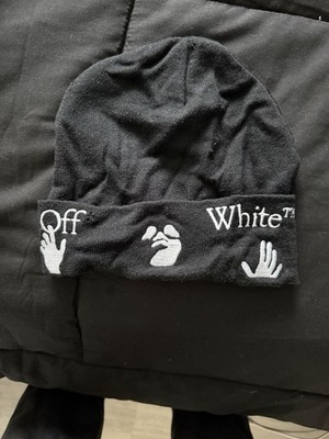 Off-White Black Knit Unisex Winter Beanie Hat with Hand Graphics