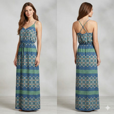 Banana Republic Blue Green Geometric Medallion Maxi Dress Boho Size 8
