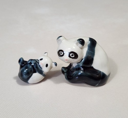 Lot of 2 Miniature Mama and Baby Panda Bear Mud Figurines China
