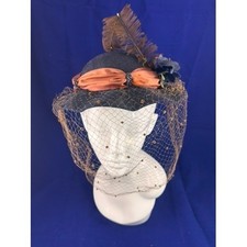 Vintage 40s 50s Best Co NY Black Felt Hat Veil Feather Cocktail Hat