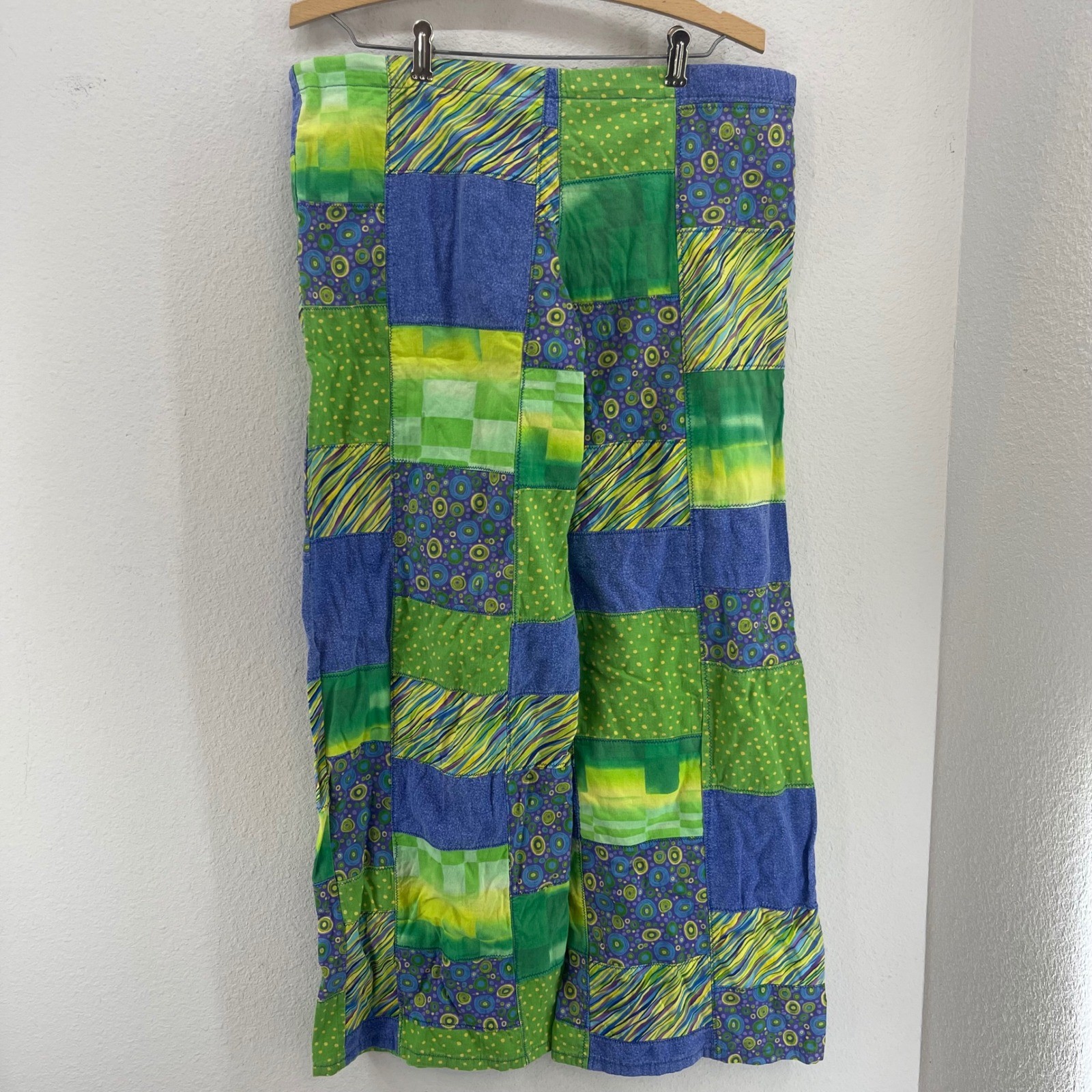 Patchwork Drawstring Pants Green Blue Artsy Boho … - image 3