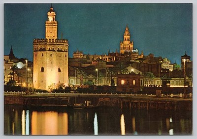 Torre del Oro & Giralda Night View in Sevilla Spain c1970s Postcard