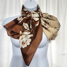 Vera Scarf Brown Beige Flowers Acrylic Square 48 x 48 Signed Vintage Japan FLAW
