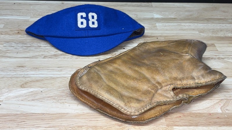 Vintage 1940's Leather Shooting Mitt & Vintage Champion Kids Md Baseball Hat
